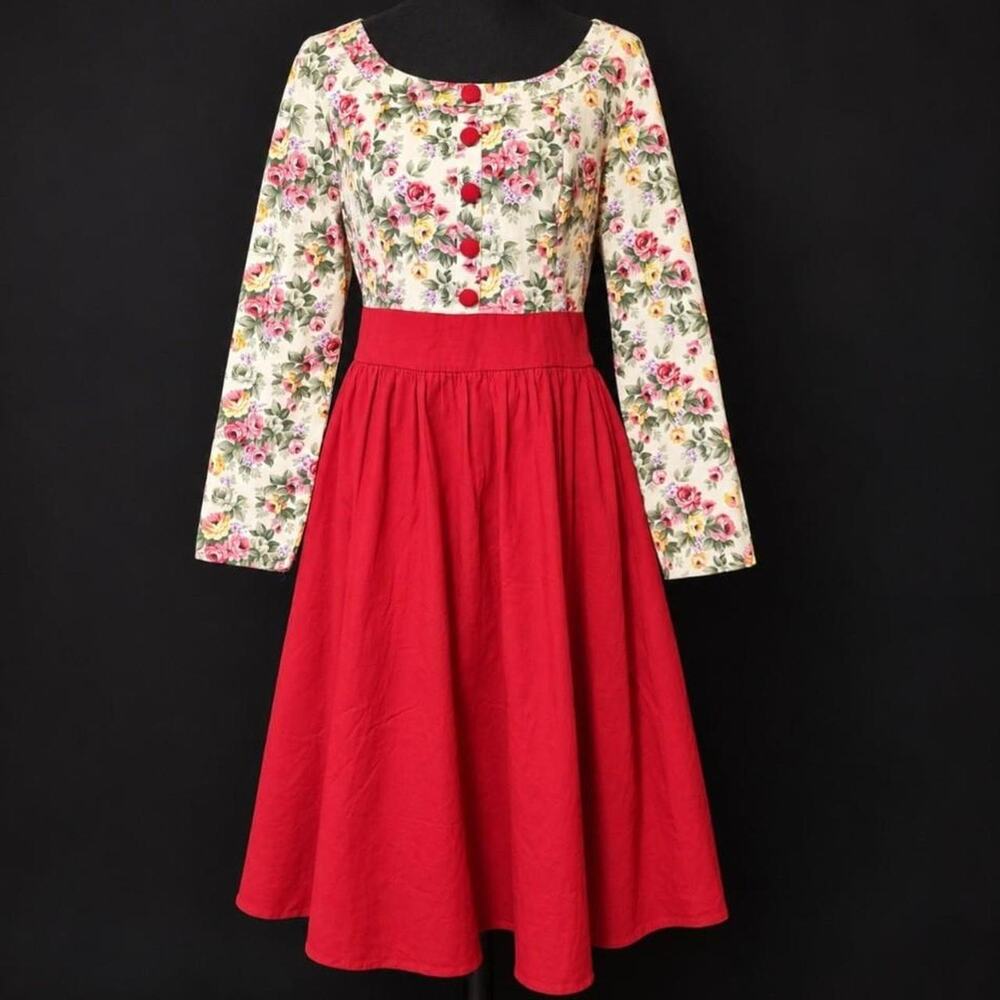 Boflyyong XL Floral Red Fit & Flare Dress Cottagecore Retro Romantic